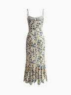 Women's Floral Print Drawstring Ruched Mermaid Hem Midi Dress