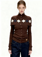 Women's French Retro Brown Argyle Knit Cardigan Faux Two-Piece Button Design Sweater