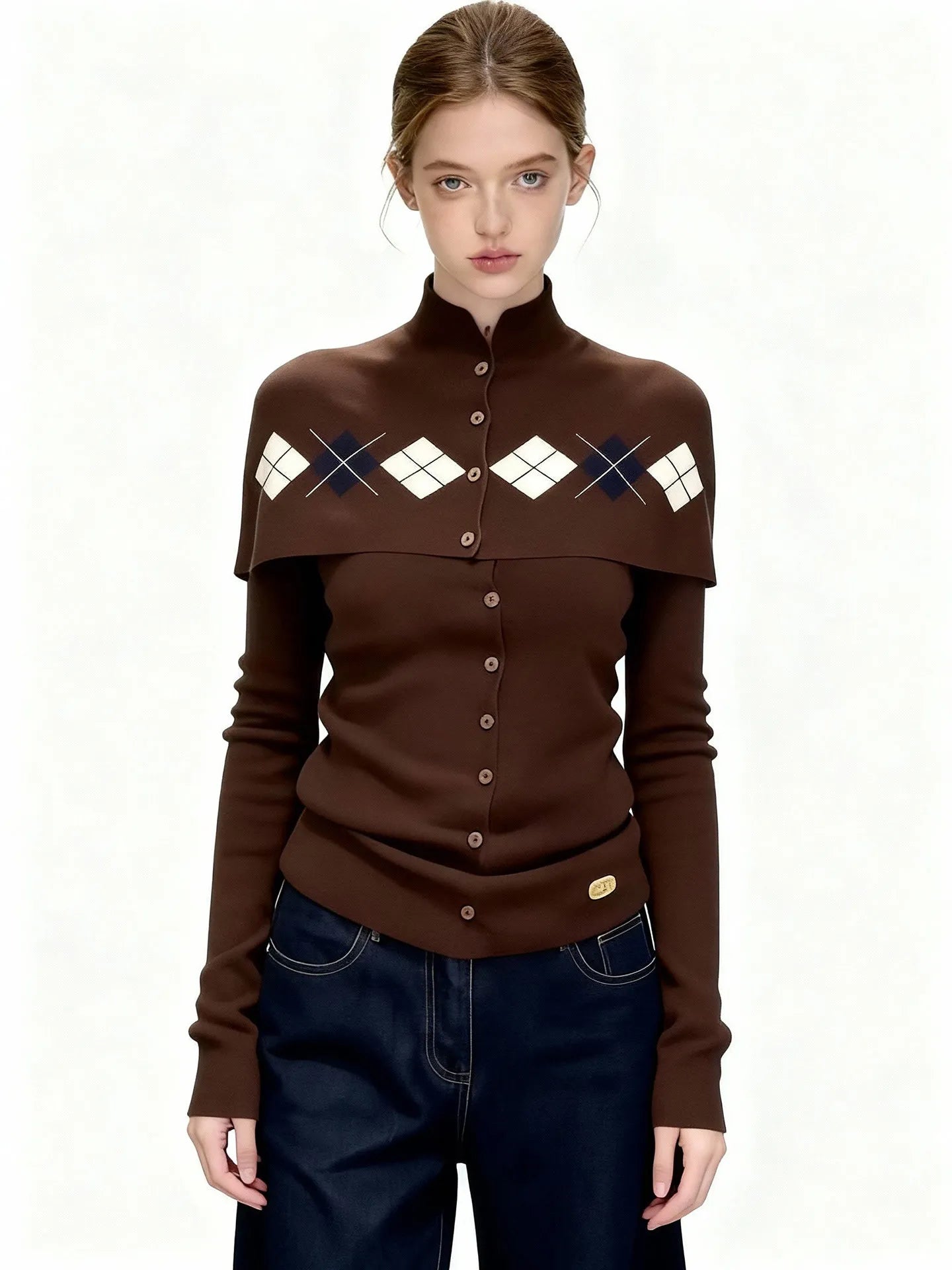 Women's French Retro Brown Argyle Knit Cardigan Faux Two-Piece Button Design Sweater
