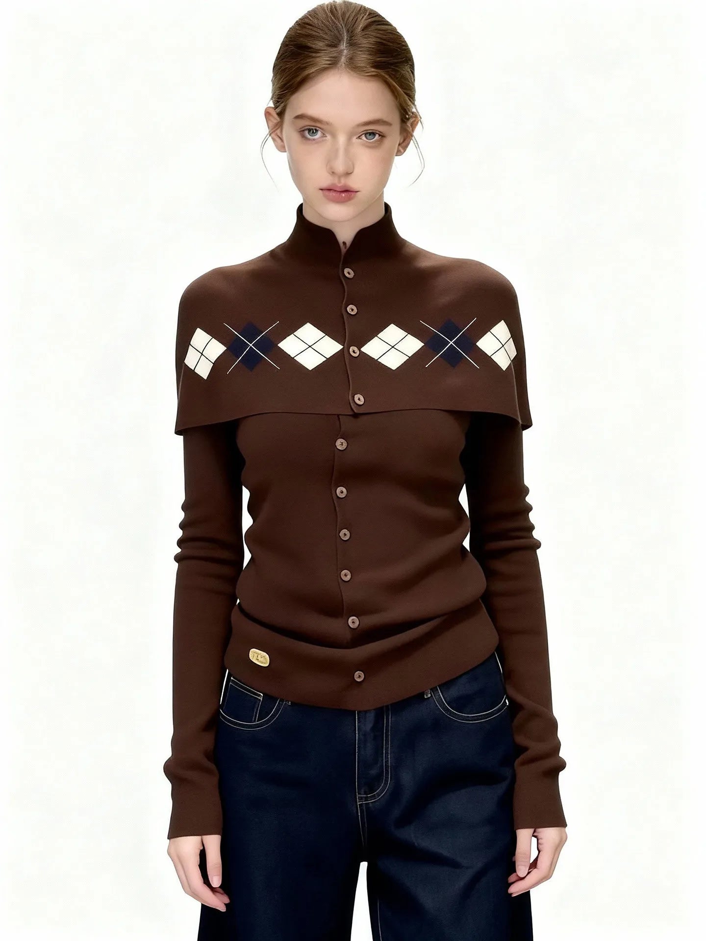 Women's French Retro Brown Argyle Knit Cardigan Faux Two-Piece Button Design Sweater