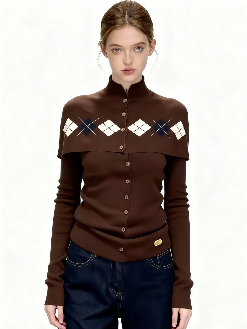 Women's French Retro Brown Argyle Knit Cardigan Faux Two-Piece Button Design Sweater