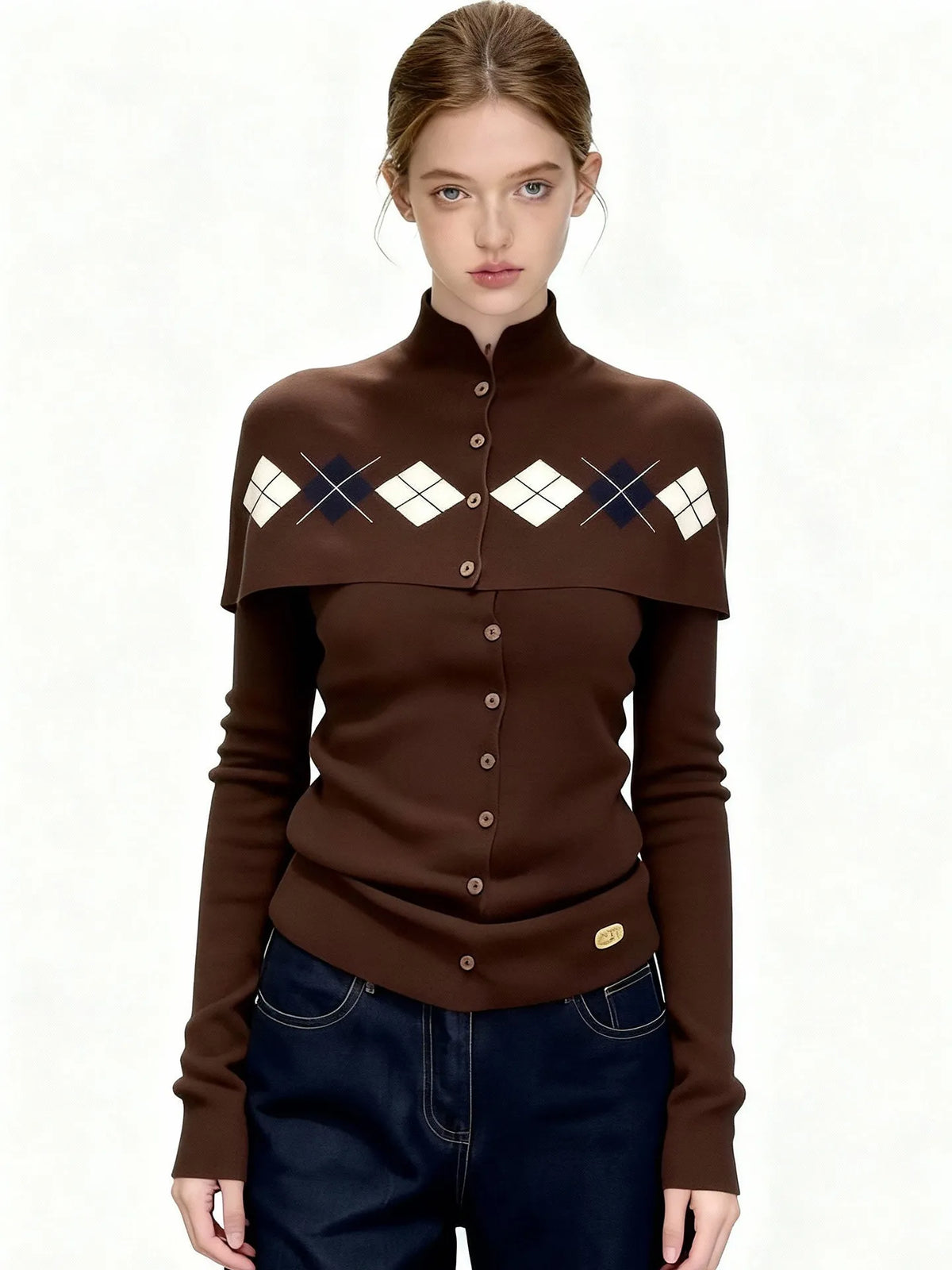 Women's French Retro Brown Argyle Knit Cardigan Faux Two-Piece Button Design Sweater
