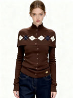 Women's French Retro Brown Argyle Knit Cardigan Faux Two-Piece Button Design Sweater