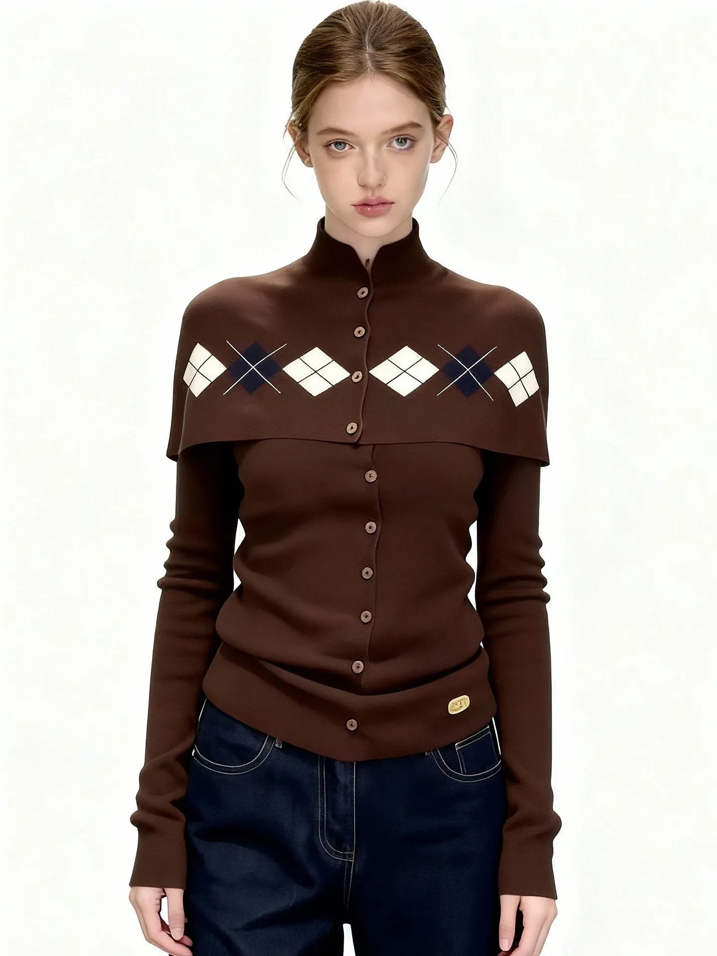 Women's French Retro Brown Argyle Knit Cardigan Faux Two-Piece Button Design Sweater