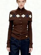 Women's French Retro Brown Argyle Knit Cardigan Faux Two-Piece Button Design Sweater