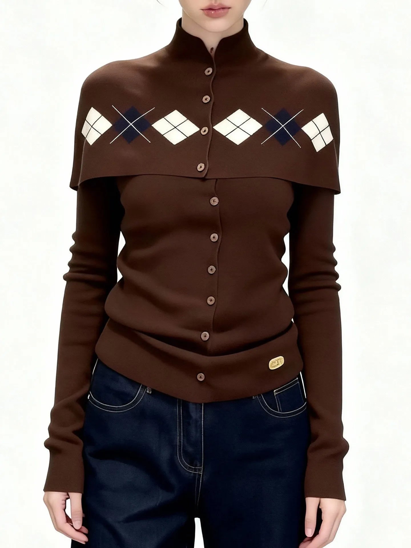 Women's French Retro Brown Argyle Knit Cardigan Faux Two-Piece Button Design Sweater