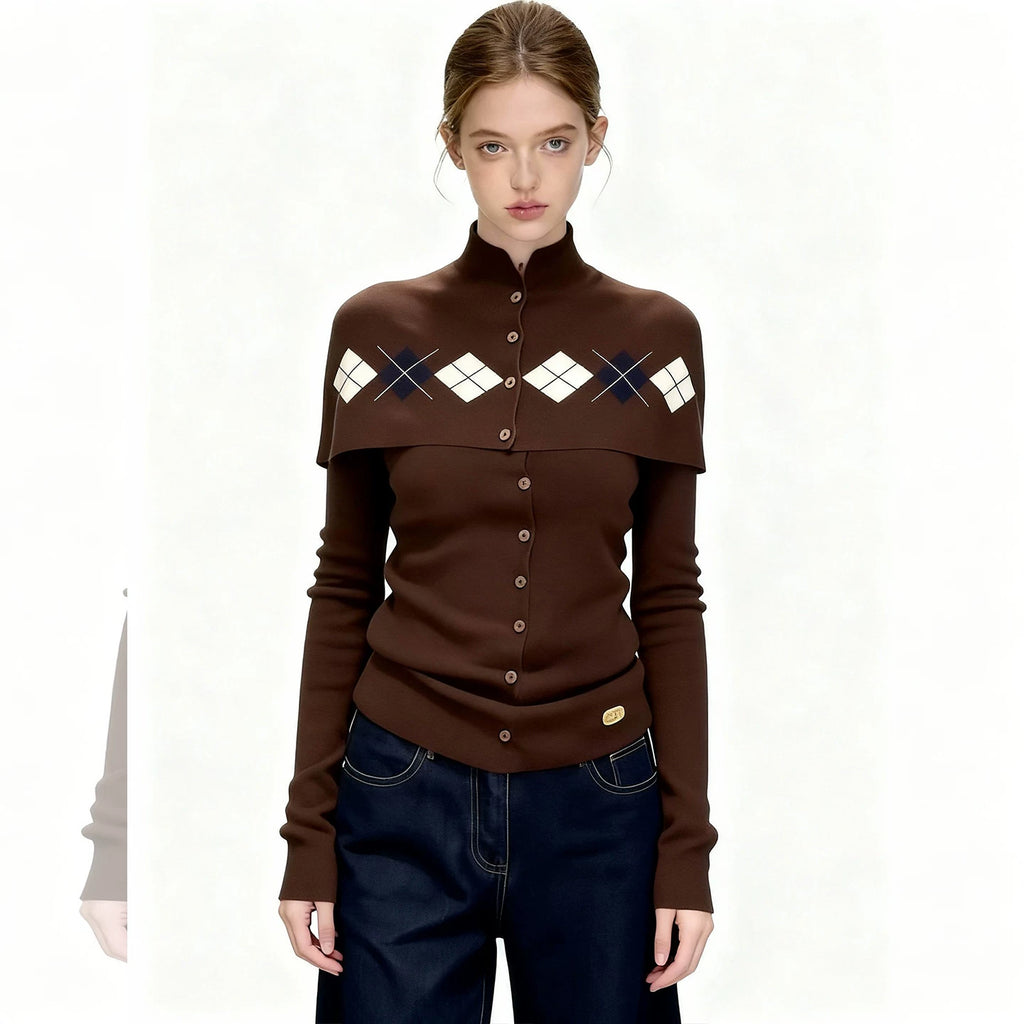 Women's French Retro Brown Argyle Knit Cardigan Faux Two-Piece Button Design Sweater