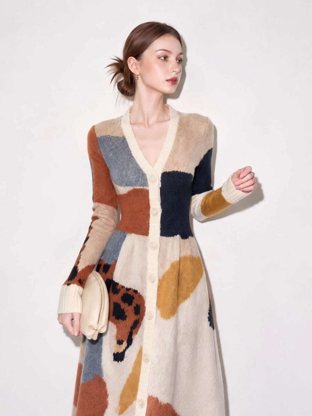 Women's Geometric V-Neck Button Colorblock Knit Midi Dress