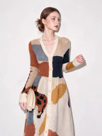 Women's Geometric V-Neck Button Colorblock Knit Midi Dress