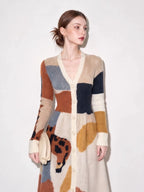 Women's Geometric V-Neck Button Colorblock Knit Midi Dress