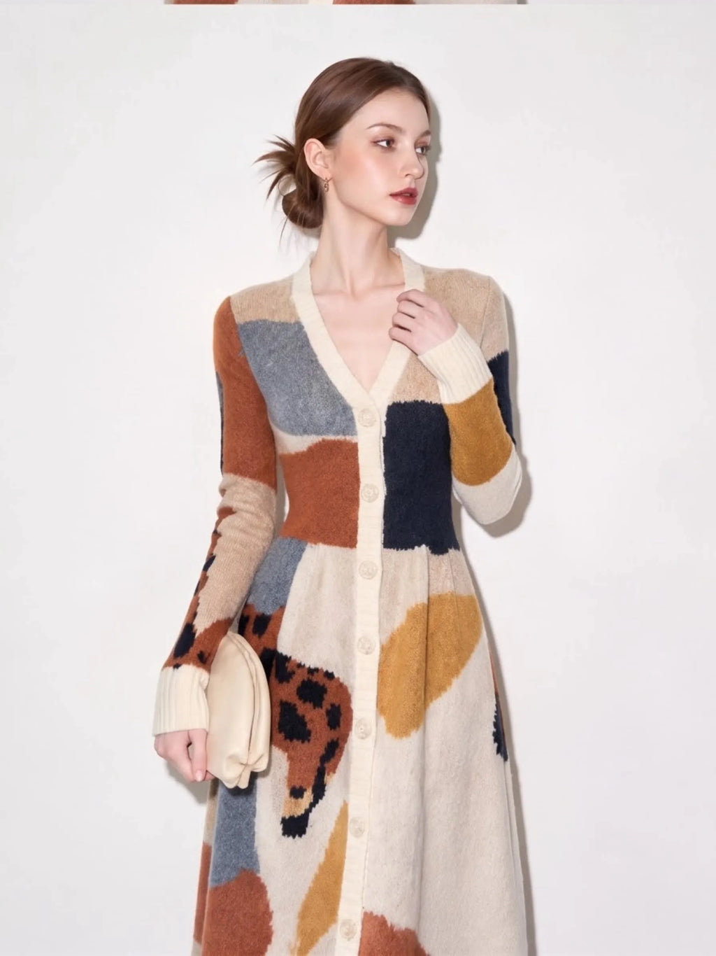 Women's Geometric V-Neck Button Colorblock Knit Midi Dress