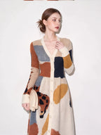 Women's Geometric V-Neck Button Colorblock Knit Midi Dress