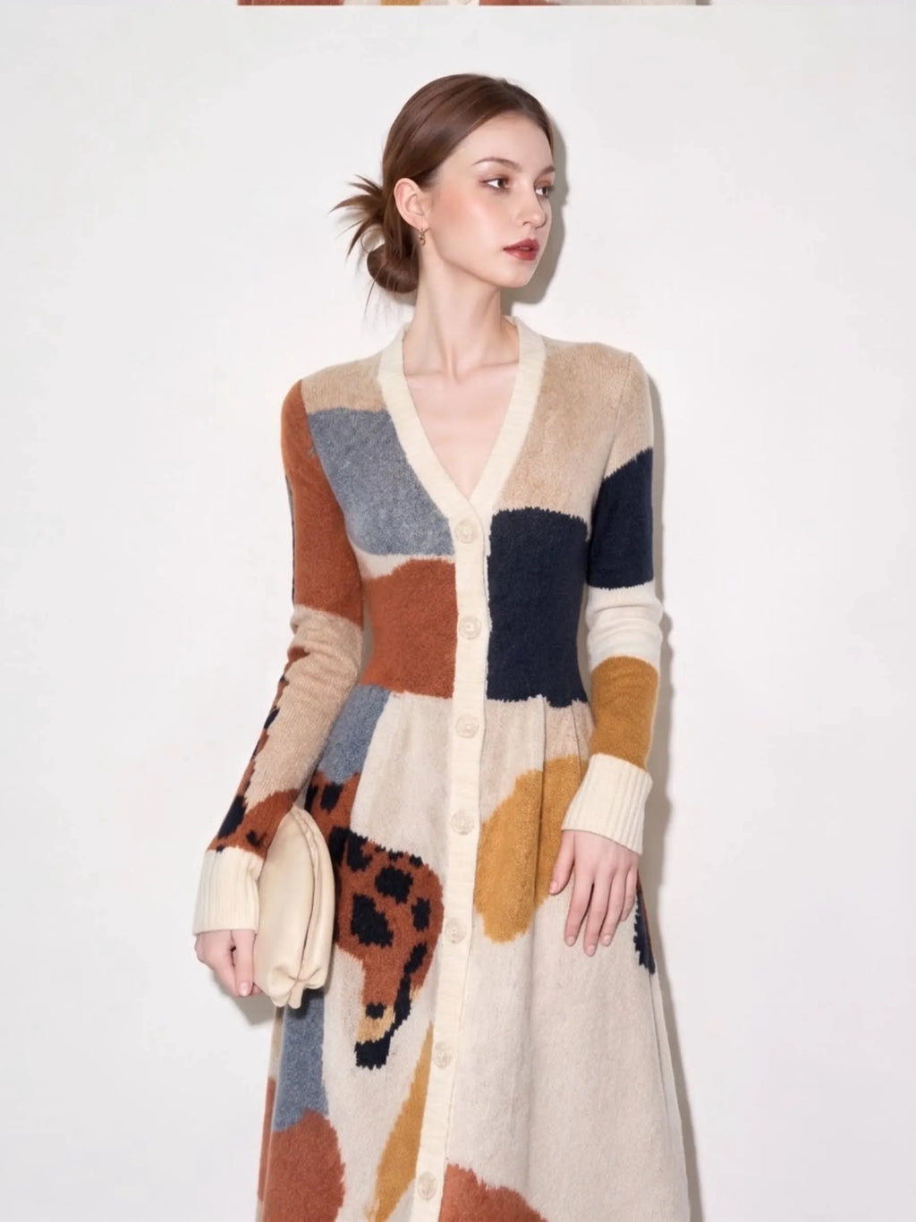 Women's Geometric V-Neck Button Colorblock Knit Midi Dress