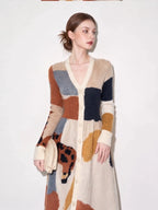 Women's Geometric V-Neck Button Colorblock Knit Midi Dress