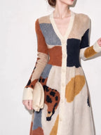 Women's Geometric V-Neck Button Colorblock Knit Midi Dress