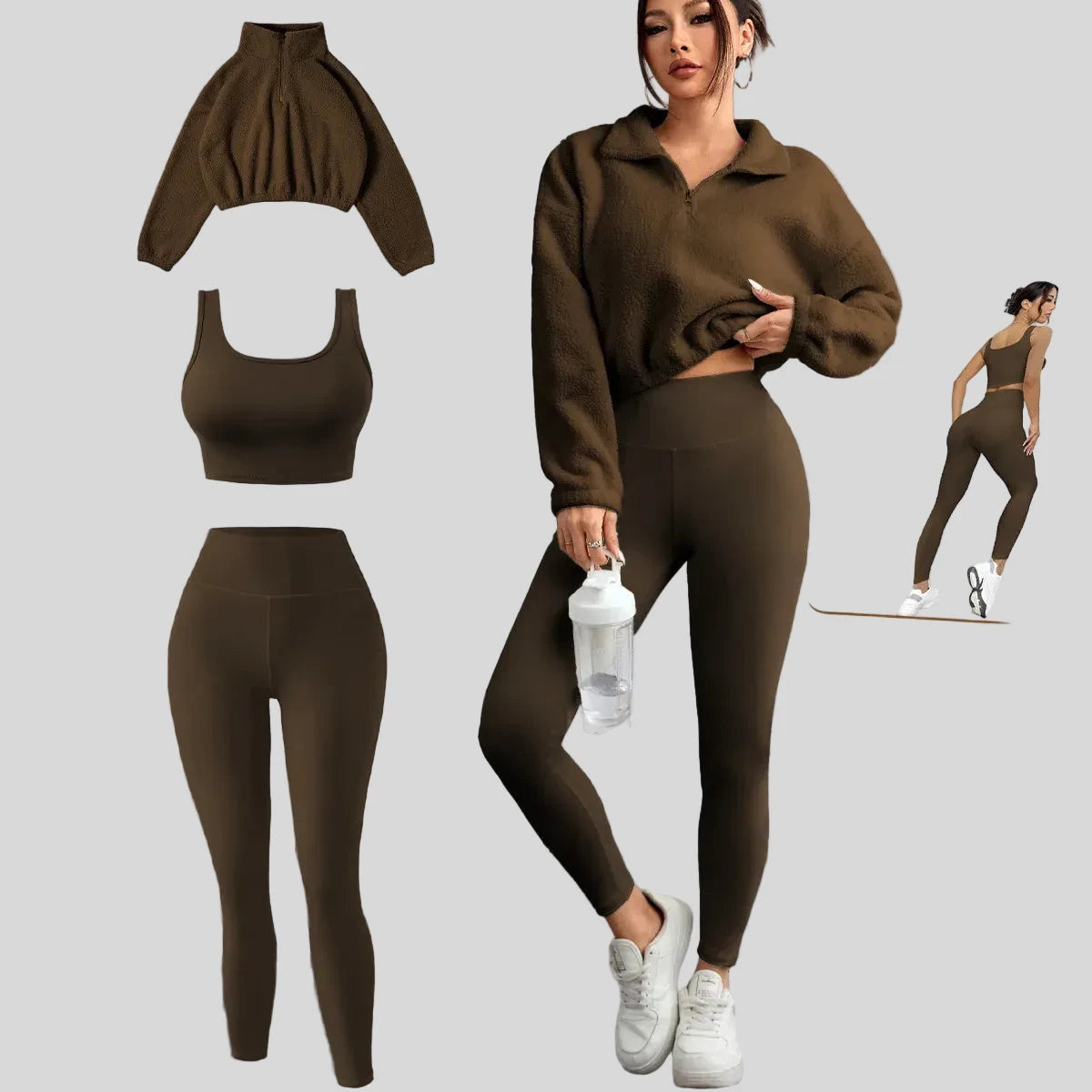 Women's Half-Zipper High Neck Fleece Sweatshirt Vest and Pants Three-Piece Set