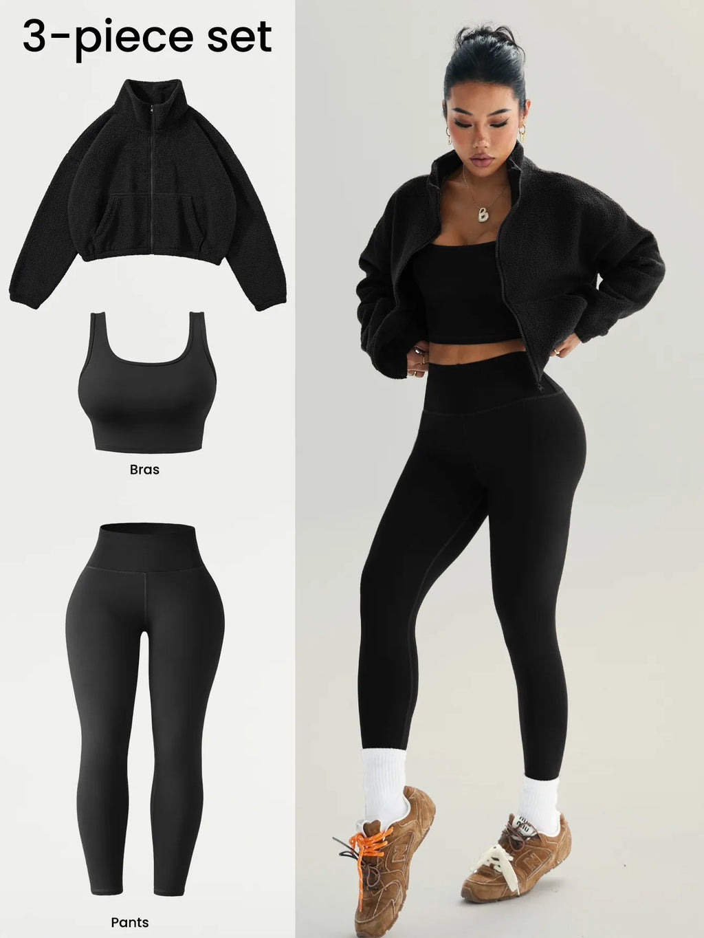 Women's Half-Zipper High Neck Fleece Sweatshirt Vest and Pants Three-Piece Set
