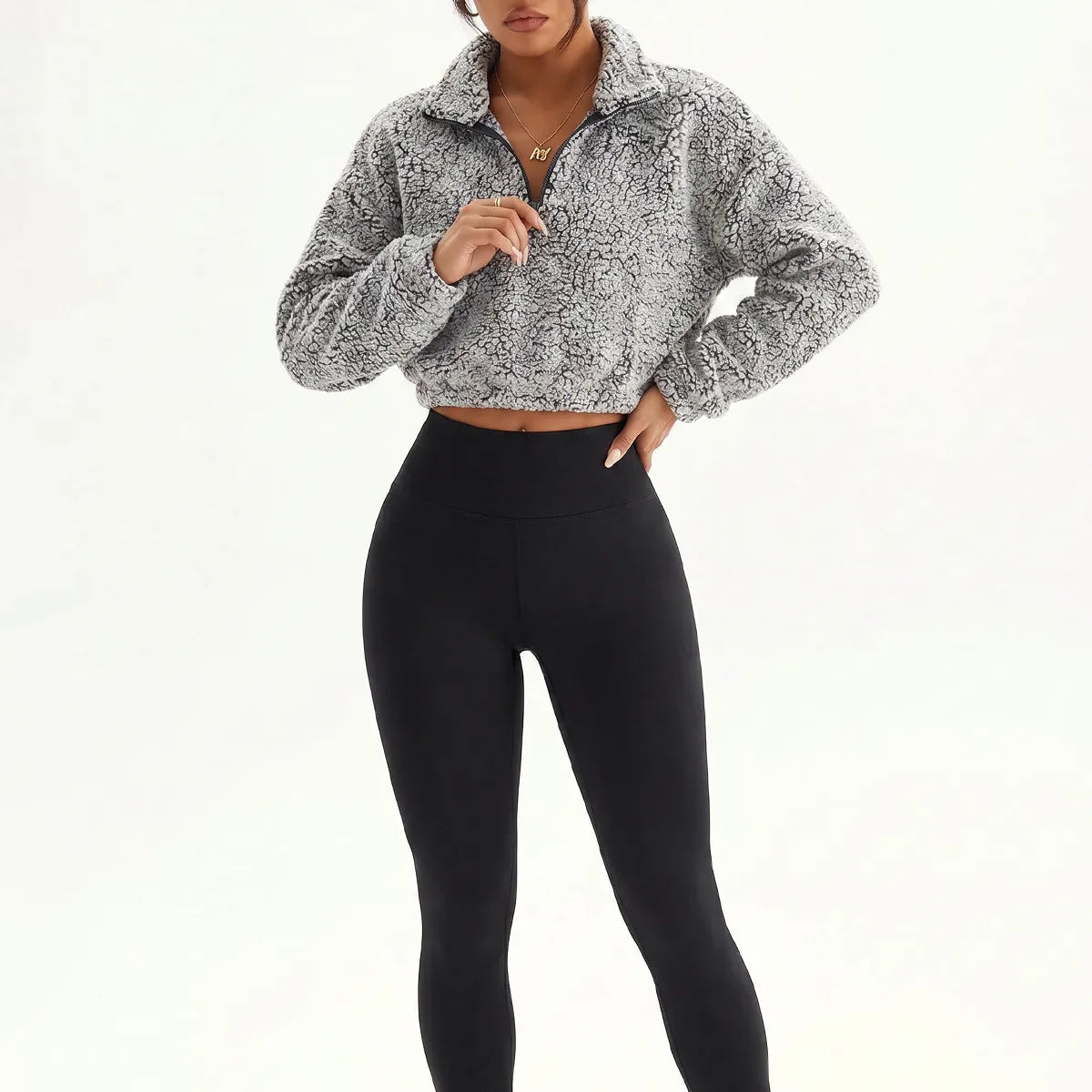 Women's Half-Zipper High Neck Fleece Sweatshirt Vest and Pants Three-Piece Set