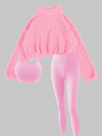 Women's Half-Zipper High Neck Fleece Sweatshirt Vest and Pants Three-Piece Set