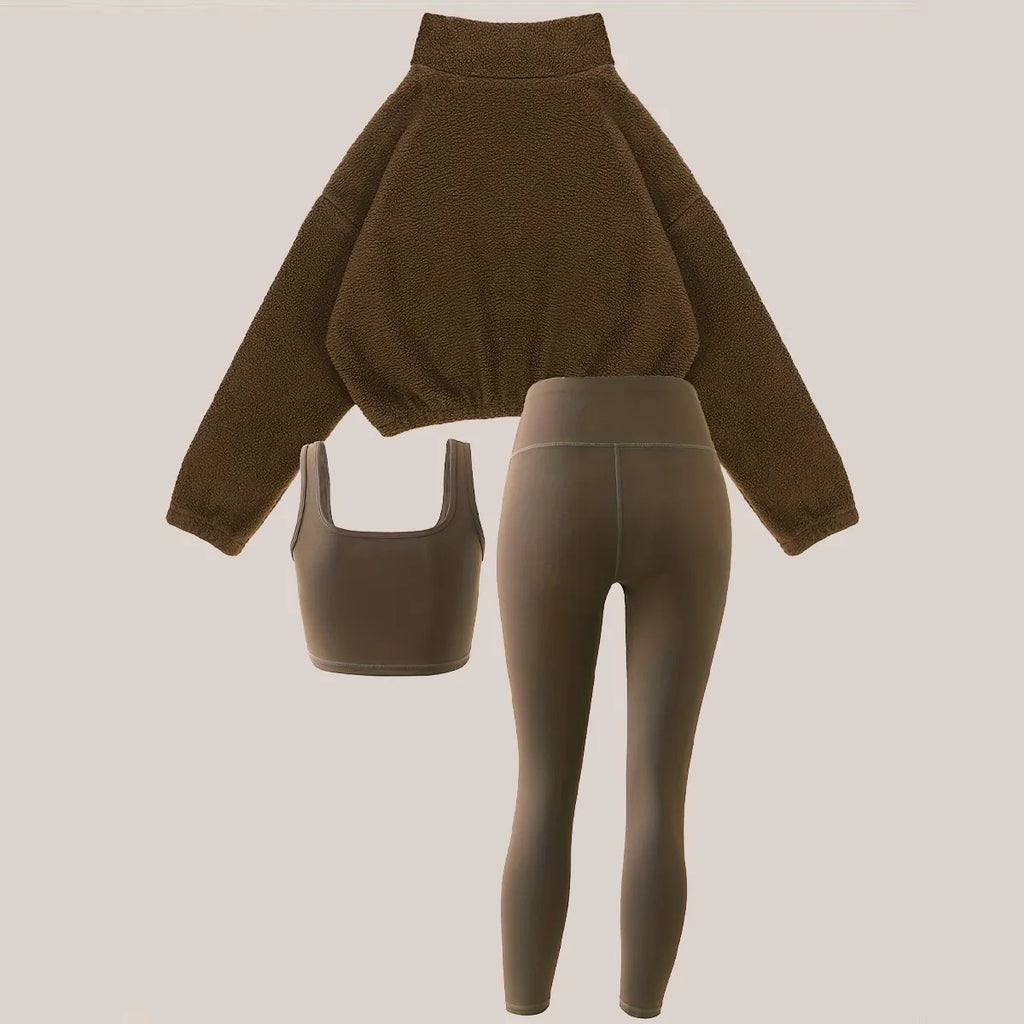 Women's Half-Zipper High Neck Fleece Sweatshirt Vest and Pants Three-Piece Set