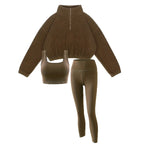 Women's Half-Zipper High Neck Fleece Sweatshirt Vest and Pants Three-Piece Set