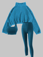 Women's Half-Zipper High Neck Fleece Sweatshirt Vest and Pants Three-Piece Set