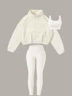 Women's Half-Zipper High Neck Fleece Sweatshirt Vest and Pants Three-Piece Set