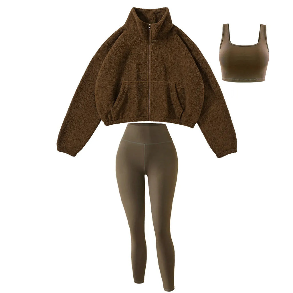 Women's Half-Zipper High Neck Fleece Sweatshirt Vest and Pants Three-Piece Set