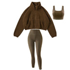 Women's Half-Zipper High Neck Fleece Sweatshirt Vest and Pants Three-Piece Set