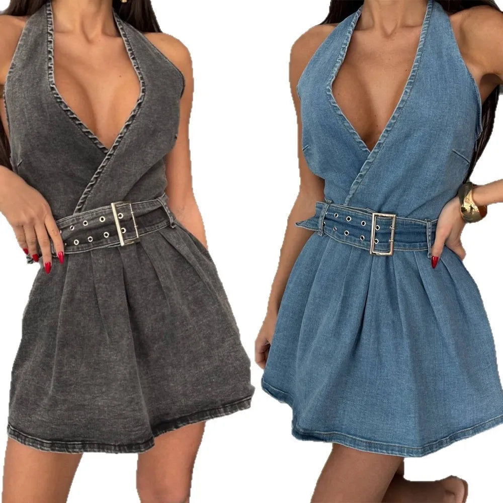 Women's Halter V-Neck Backless Belted Street Style Denim Mini Dress