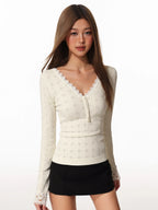 Women's Hollow Out Lace V-Neck Long Sleeve Slim Fit Top