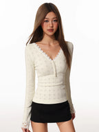 Women's Hollow Out Lace V-Neck Long Sleeve Slim Fit Top