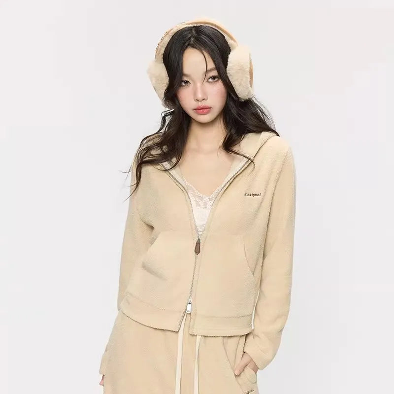 Women's Knitted Hooded Cardigan Jacket and Trousers Tracksuit Set