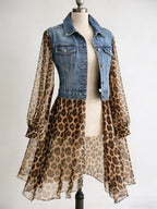 Women's Leopard Chiffon Denim Coat Turndown Collar Slim Fit Jacket