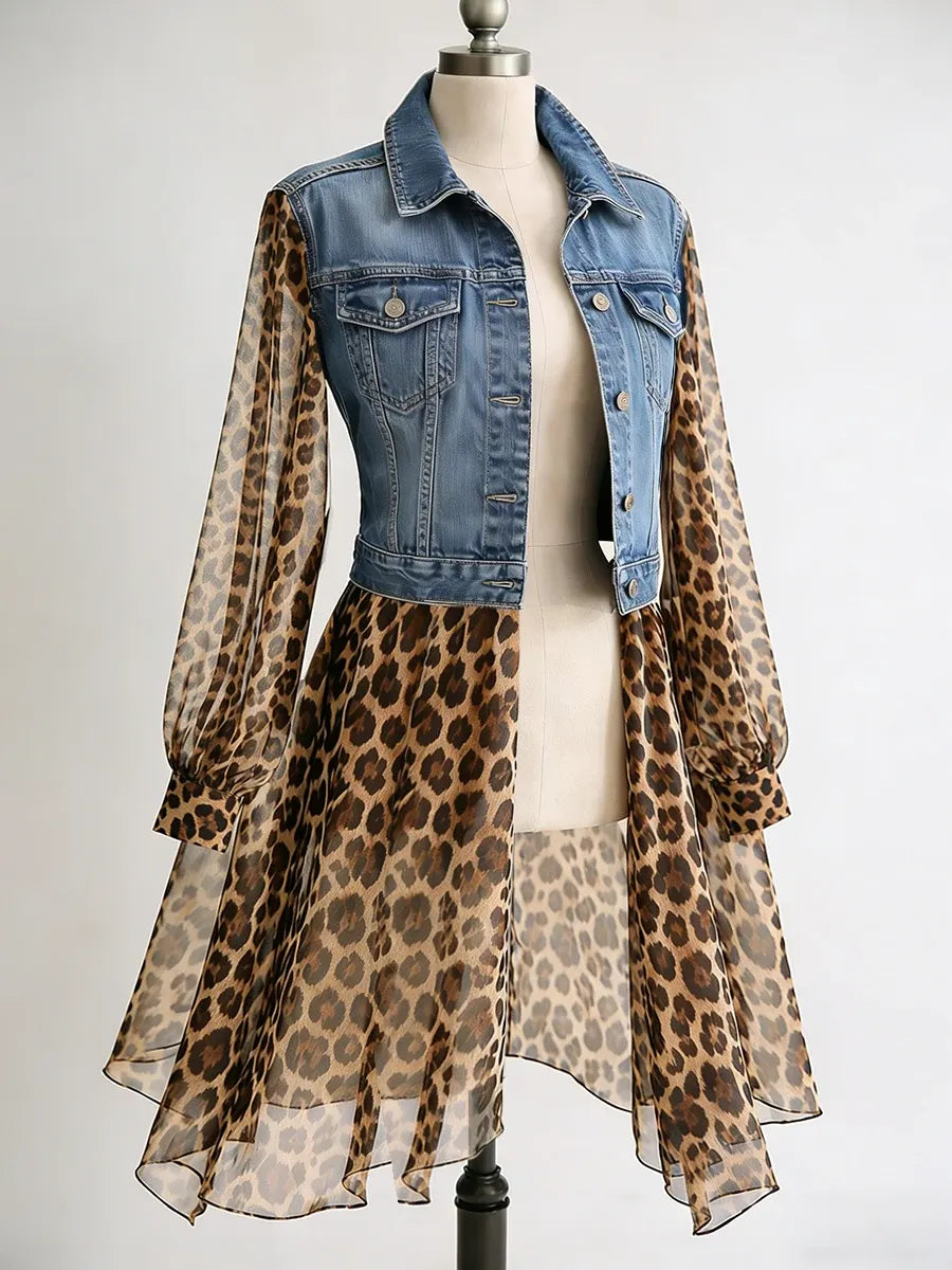 Women's Leopard Chiffon Denim Coat Turndown Collar Slim Fit Jacket
