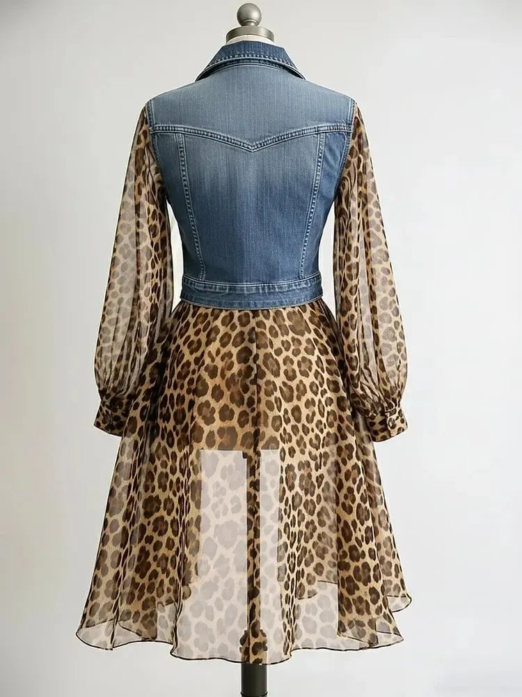 Women's Leopard Chiffon Denim Coat Turndown Collar Slim Fit Jacket