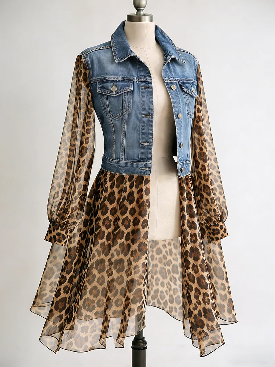 Women's Leopard Chiffon Denim Coat Turndown Collar Slim Fit Jacket