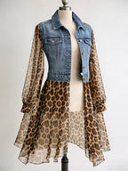 Women's Leopard Chiffon Denim Coat Turndown Collar Slim Fit Jacket