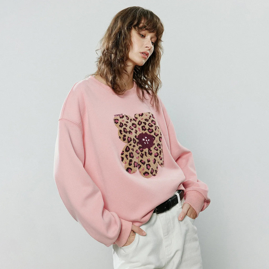 Women's Leopard Print Appliqué Flower Pullover Sweatshirt