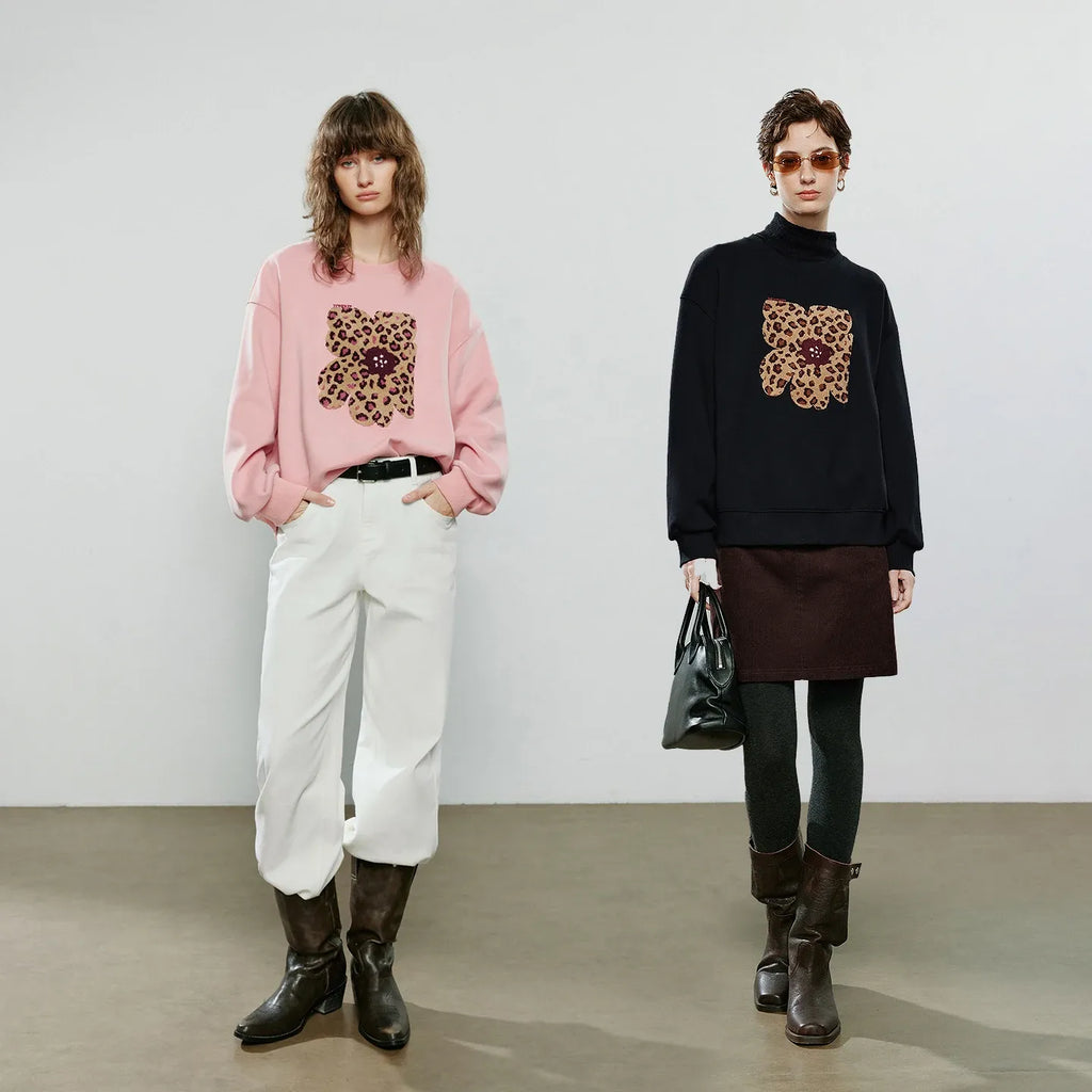 Women's Leopard Print Appliqué Flower Pullover Sweatshirt