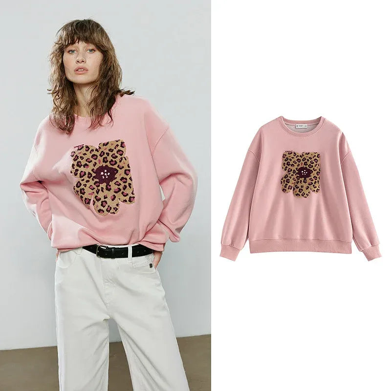 Women's Leopard Print Appliqué Flower Pullover Sweatshirt