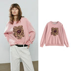 Women's Leopard Print Appliqué Flower Pullover Sweatshirt