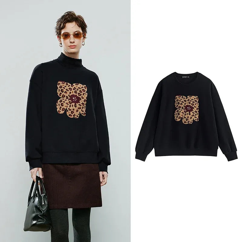 Women's Leopard Print Appliqué Flower Pullover Sweatshirt
