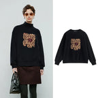 Women's Leopard Print Appliqué Flower Pullover Sweatshirt
