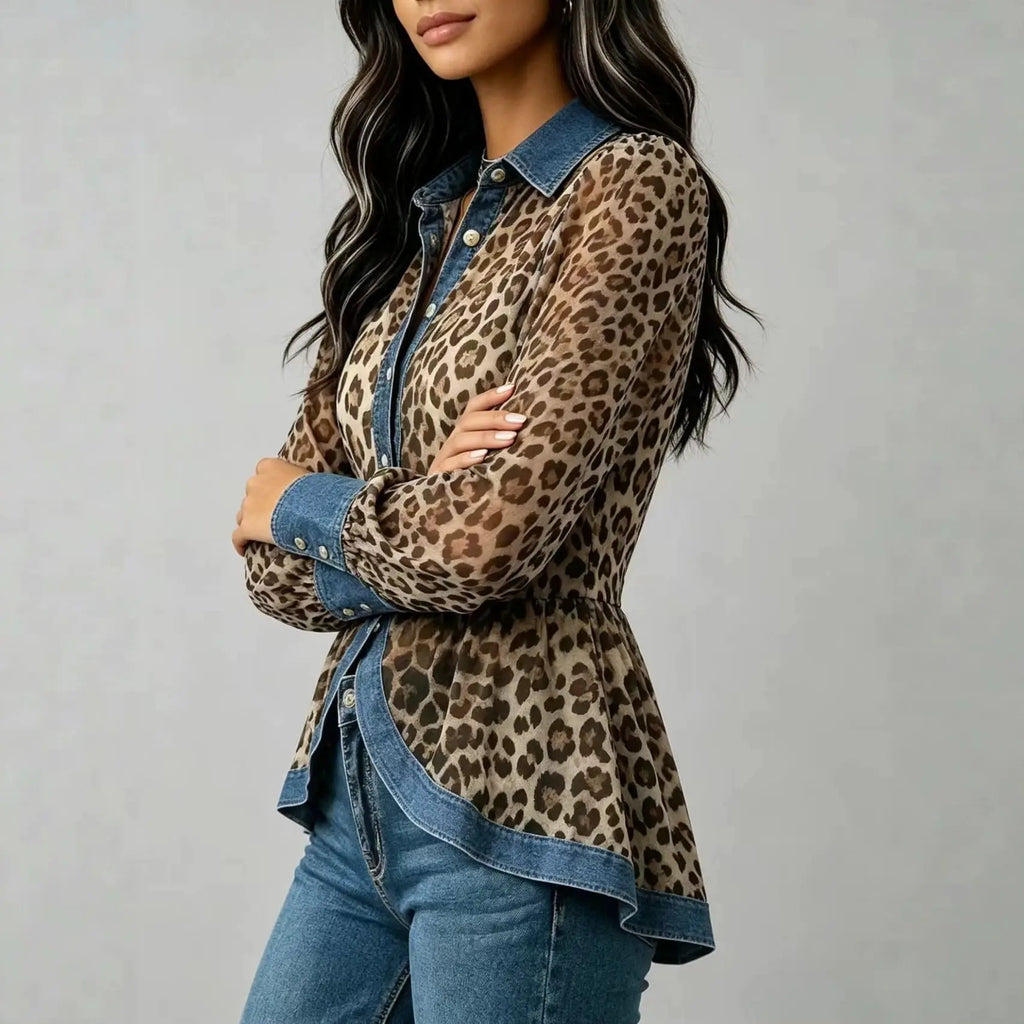 Women's Leopard Print Denim Spliced Button Down Shirt