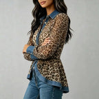 Women's Leopard Print Denim Spliced Button Down Shirt