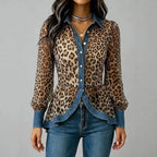 Women's Leopard Print Denim Spliced Button Down Shirt