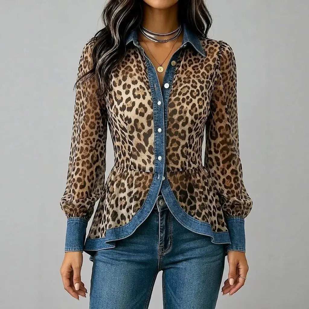 Women's Leopard Print Denim Spliced Button Down Shirt