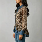 Women's Leopard Print Denim Spliced Button Down Shirt