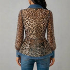 Women's Leopard Print Denim Spliced Button Down Shirt